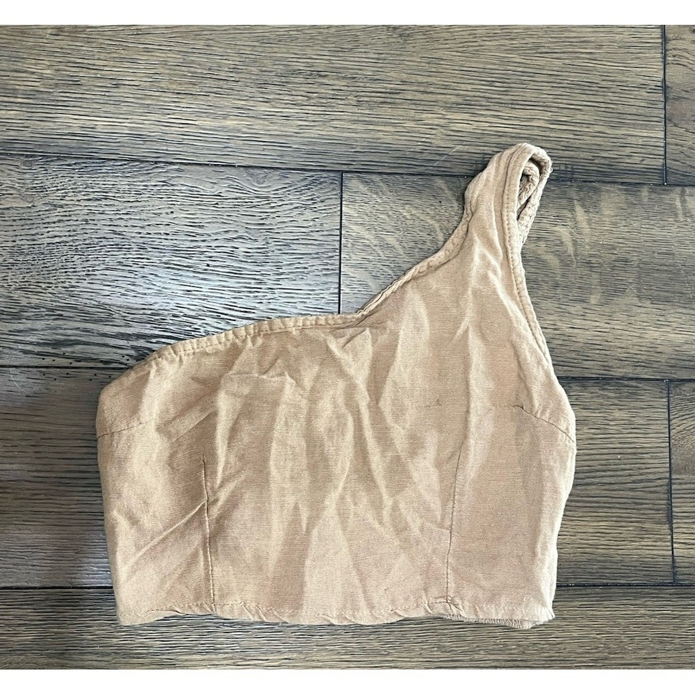 Jaspa Hemp Blend Mocha One Strap Off The Shoulder Crop Top Smocked Back Medium
